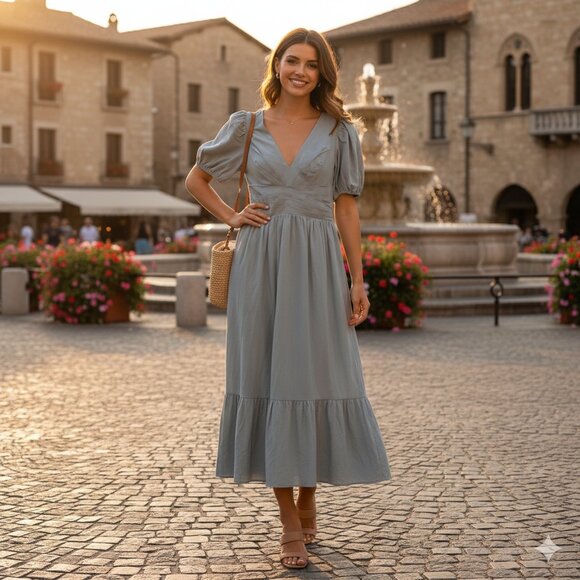 ASTR Ilesha Short Sleeve Linen Blend Midi Dress Dusty Blue One Size NWT - Picture 1 of 6